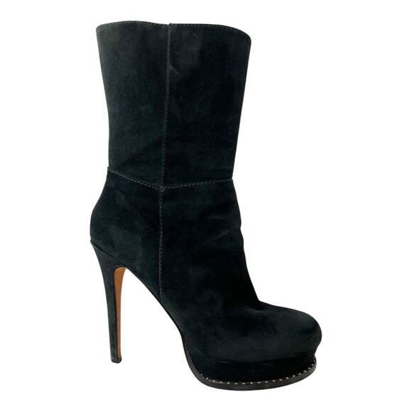 DKNY Teryn Black Suede Mid-Calf Stiletto Platform Boots Gold Zip Women's Size 10 - Picture 3 of 12